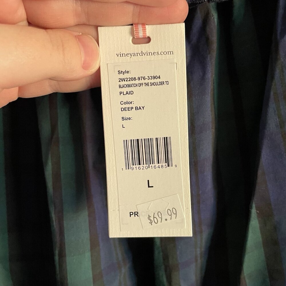 Vineyard Vines Women L Deep Bay Blackwatch Plaid Off The Shoulder Poplin Top NWT - Picture 5 of 9